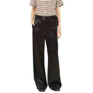 Tibi- Black Wide Leg Satin Pants with Tie Sash Belt